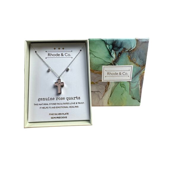 Rhode & Co. Rose Quartz Cross Necklace w/ Rhinestone Earrings. - Picture 3 of 4